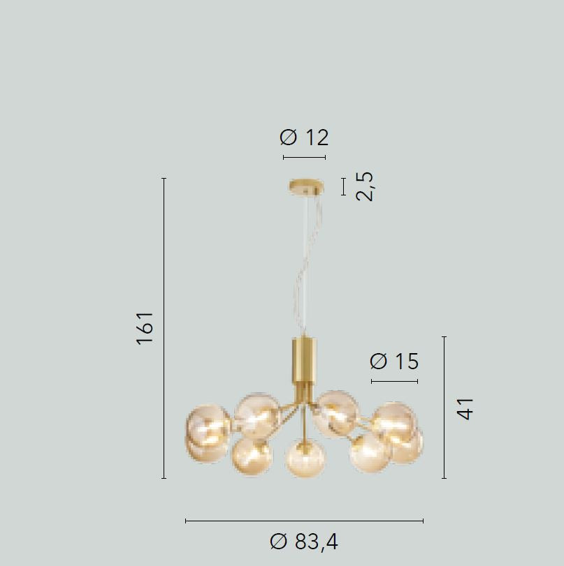 Sospensione 9 luci in metallo con sfere in vetro soffiato champagne o fumè 9XG9 non incl. MIELE Sospensione 9 luci in metallo con sfere in vetro soffiato champagne o fumè 9XG9 non incl. MIELE